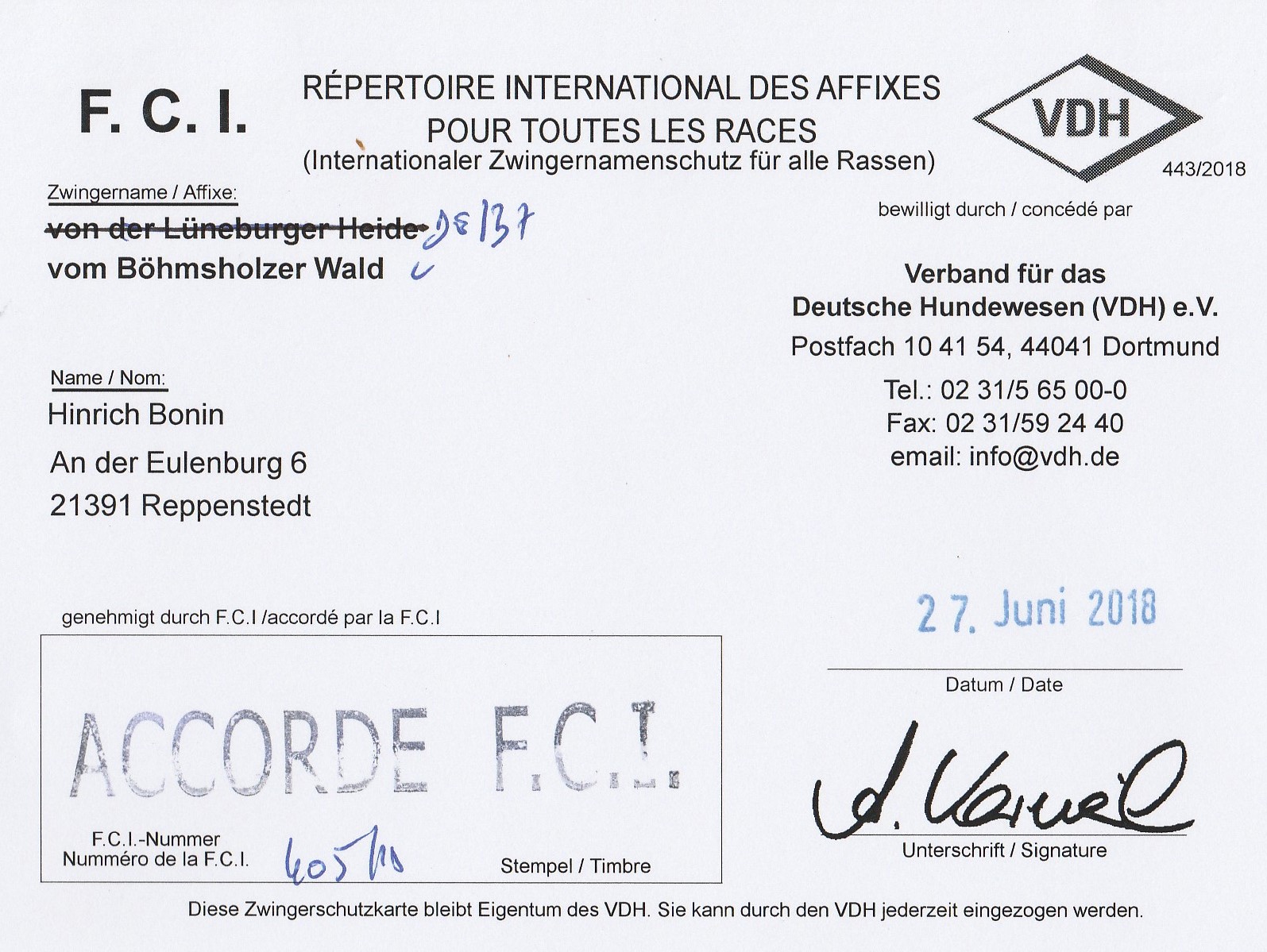 FCI Zwingernamenschutz 27-Jun-2018